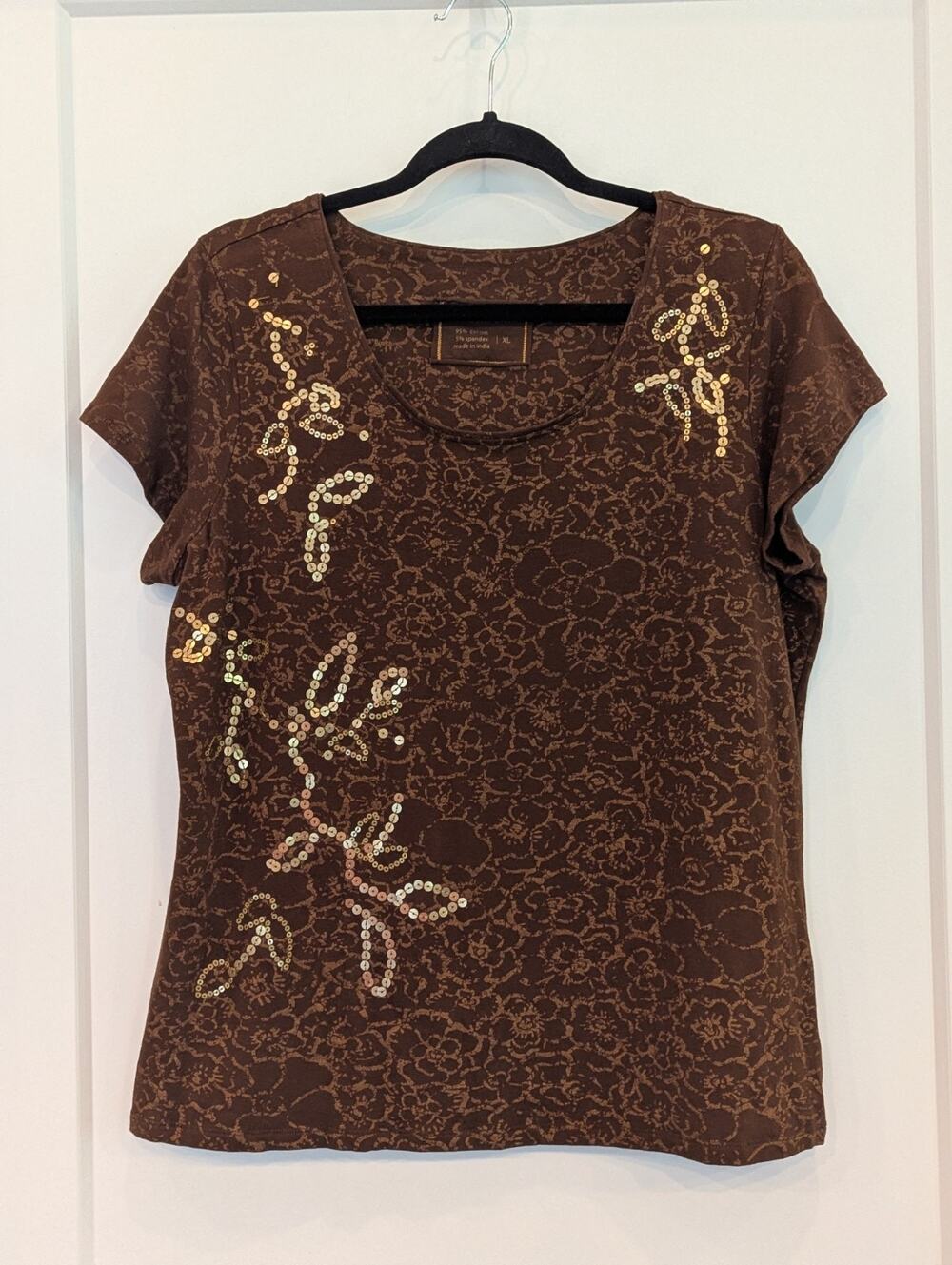 Coldwater Creek XL Brown Floral Sequin Embellished Artsy Boho Top EUC
